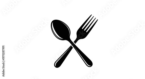 Black spoon and fork crossed icon isolated on white background
