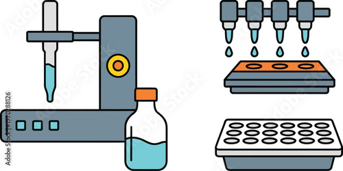 Automated pipetting system simple abstract minimal vector, laboratory liquid handling illustration