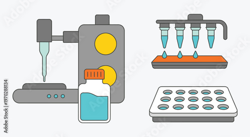 Automated pipetting system simple abstract minimal vector, laboratory liquid handling illustration