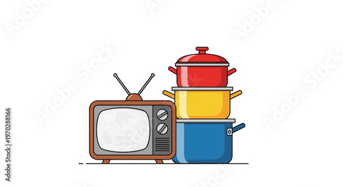 A vintage brown television set stands next to a tall vertical stack of colorful red yellow and blue cooking pots on a white minimalist background set.