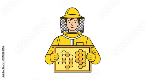 A smiling male beekeeper wearing a bright yellow protective safety suit holds a wooden honeycomb frame against a stark and clean white background area.