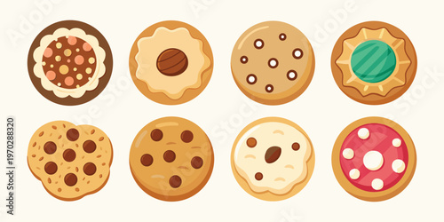 Eight charming diverse cookies and biscuits with various sweet toppings.