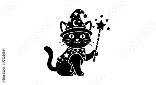 Black cat wizard with star wand vector illustration on white background
