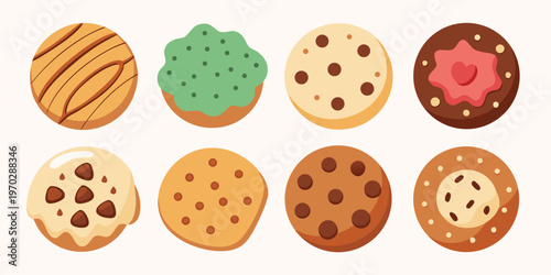 Eight diverse cookies with various decorations and flavors on a light background.