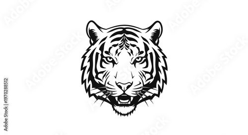 Bold black and white illustration of a tiger face with open mouth and fierce expression