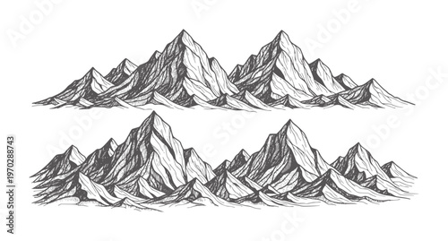 Two rows of hand drawn grey mountain ranges with sharp peaks and textured slopes