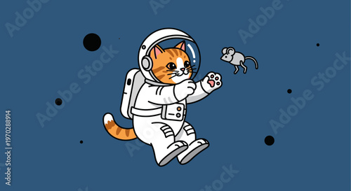 Cartoon astronaut cat interacting with a mouse in outer space illustration