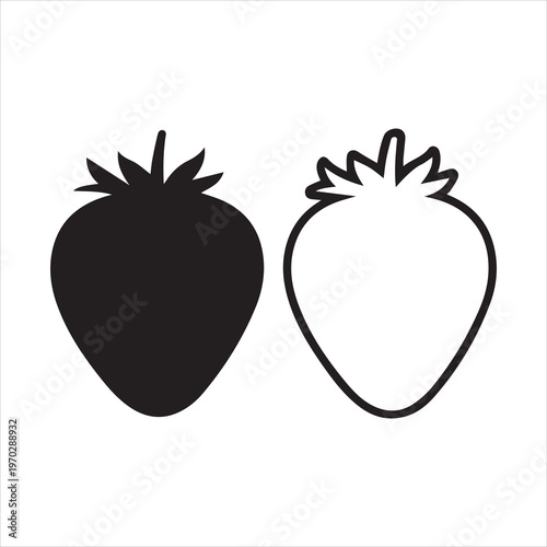 Two strawberries are depicted one solid and one outlined silhouette