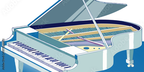 Flat vector illustration of a white grand piano with an open lid and golden interior details