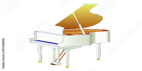  white grand piano with an open lid and golden interior details