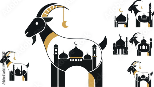 Creative Eid al-Adha concept illustration featuring a goat silhouette with mosque and crescent moon for Qurbani festival