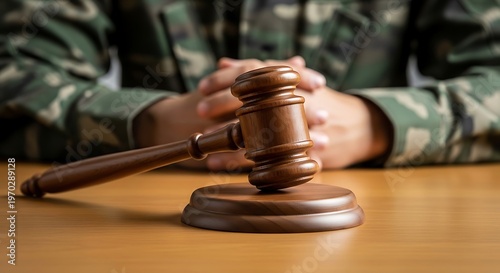 Judge's gavel resting on wooden desk in military courtroom setting