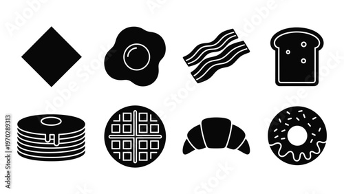 A collection of breakfast food icons including eggs bacon toast pancakes and pastries in silhouette high quality professional detailed modern elegant