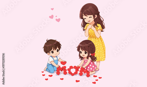 Happy Mother’s Day Kids Love Heart Cute Family Illustration