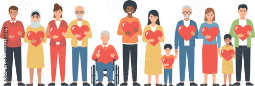 Vector set of diverse people characters holding red hearts representing community love kindness and inclusion in a flat illustration style.