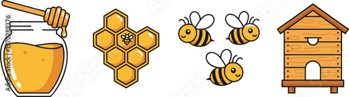Vector set of organic honey and beekeeping icons featuring honey jar honeycomb bees and in a colorful flat illustration style.