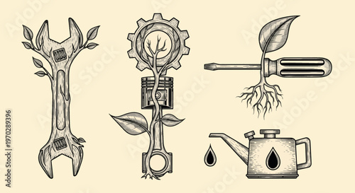 Set of eco friendly mechanical tools and auto repair icons with plants and leaves growing on wrench, gear and screwdriver