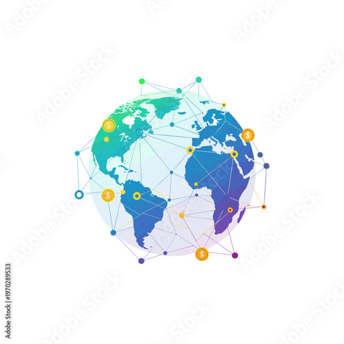 Global network connection with cryptocurrency symbols, representing digital finance and blockchain technology across the world.