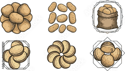 Set of potato illustrations including raw whole potatoes, potatoes in a sack, and crispy sliced potato snacks