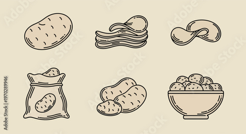 Set of potato and potato chips line icons including raw potatoes in bag, bowl, and crispy snack slices