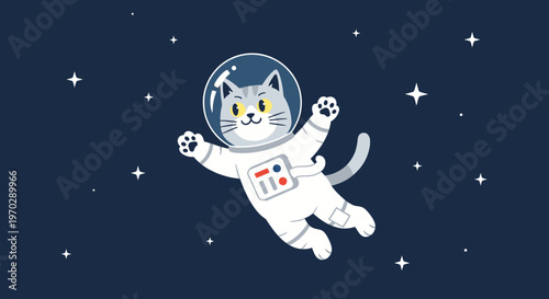 Cartoon cat astronaut floating in space surrounded by stars