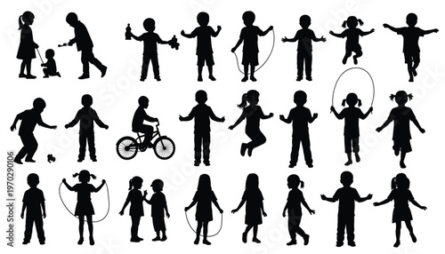 Set of children silhouettes playing, jumping, running and riding a bicycle