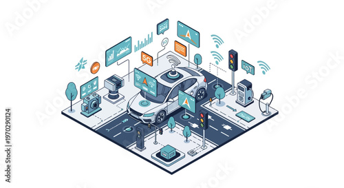 Isometric illustration of a self-driving car navigating a smart city intersection with advanced sensors and traffic management systems.