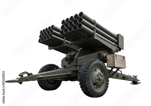 Military rocket launcher vehicle with tubes isolated on transparent background