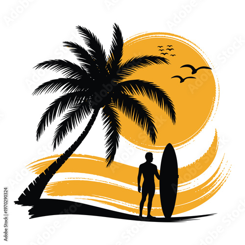 Tropical Sunset Beach Romance Silhouette Summer Vacation Illustration.