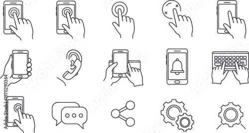 Set of mobile phone touch gestures and technology interface line icons including share, settings, and communication symbols