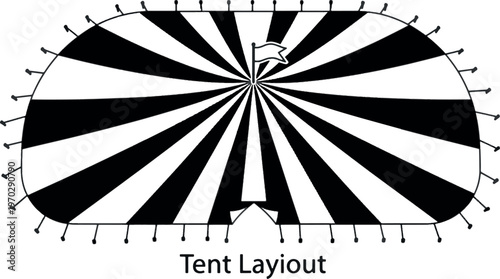 Circus tent top view layout with black and white stripes and flag silhouette isolated on white background