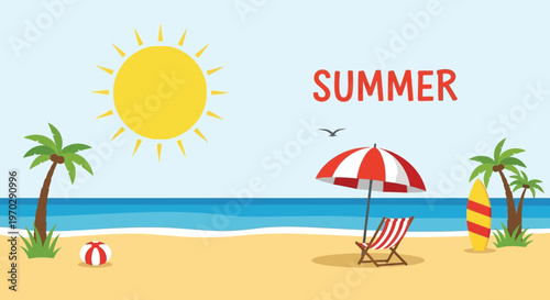 A vibrant beach scene with a red and white striped umbrella and chair under a bright sunny sky