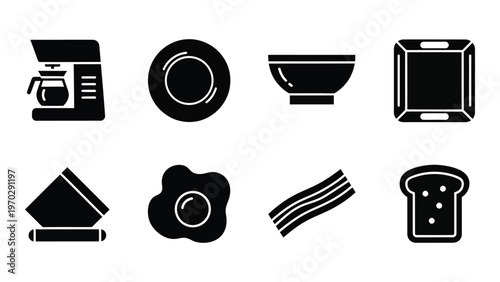 A collection of black kitchenware and breakfast items depicted as simple flat silhouettes high quality professional detailed modern elegant stylish clean