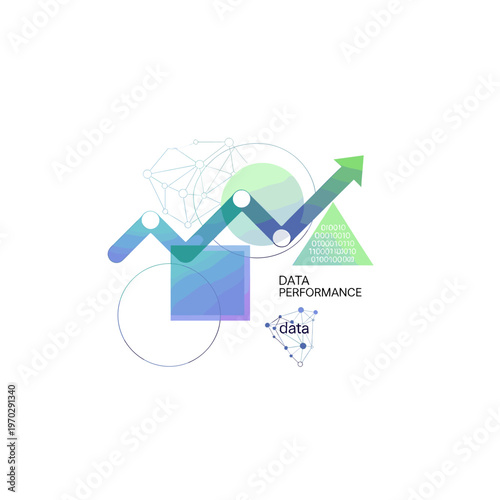 Abstract illustration representing data performance, growth, and analytics with an upward trend arrow and geometric shapes.