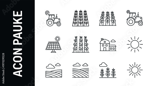 Smart agriculture and sustainable farming icon set with solar panels, smart tractor, automated fields, and eco-friendly rural houses.