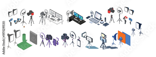 Isometric videography studio gear set including camera tripods ring lights and editing computer workstation.