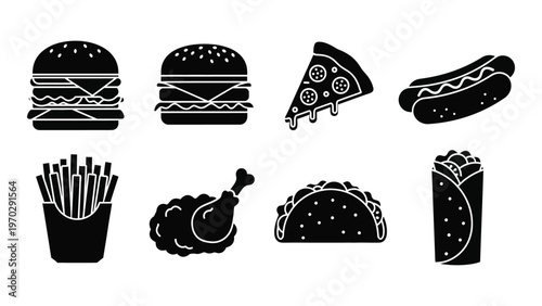 A collection of fast food items including burgers pizza hotdogs fries and chicken depicted in black silhouette high quality professional detailed