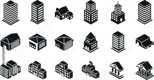 Isometric city building icon set with skyscrapers, houses, warehouses, banks, and hospital silhouettes in 3D style.