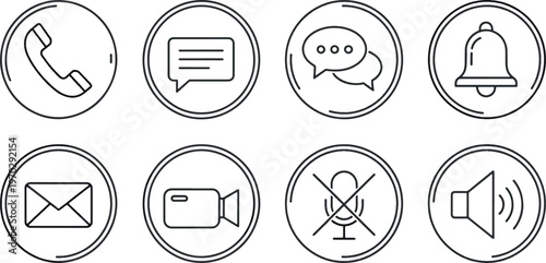 Communication and contact icon set with phone call, message, chat bubble, email, video, and notification bell symbols.