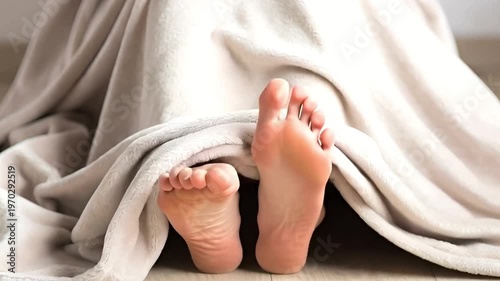 Woman wiggles bare feet under soft white blanket. Concept of relaxing at home in morning. Rest and comfort in bedroom, cozy lifestyle and interior design theme.