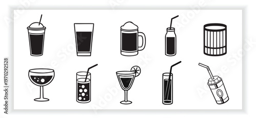 Minimal Line Drink Icons Set with Various Beverage Glasses Cups and Bottles Vector