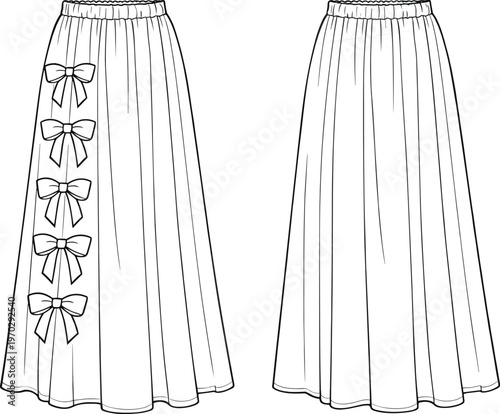 Long skirt fashion sketch, elastic waistband design, flowing silhouette illustration, gathered ankle length garment, decorative bow accents, minimalist plain skirt variation