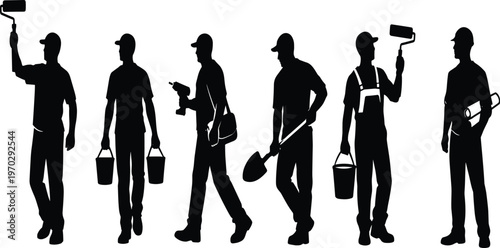 Construction worker silhouettes, manual labor illustration, industrial teamwork design, building site sketch, tradesmen with tools artwork, occupational roles vector, 