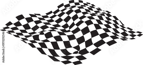 Wavy black and white checkered flag pattern with a distorted grid surface in a three dimensional perspective view