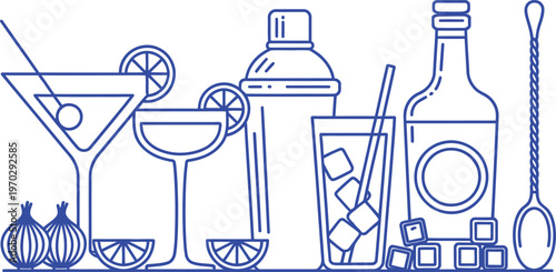 Blue Line Art Cocktail Bar Elements On White drink