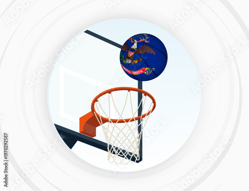North Dakota Flag Themed Basketball in Motion, Scoring Moment in Basketball Game.