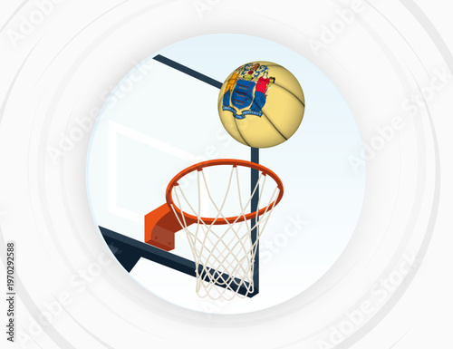 New Jersey Flag Themed Basketball in Motion, Scoring Moment in Basketball Game.