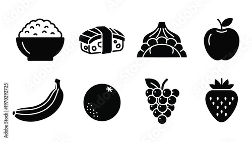 A collection of various food items presented as solid black shapes against a white background silhouette high quality professional detailed modern