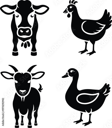 Livestock Line Icon Set – Cow, Goat, Chicken Black Outline Vector Icons