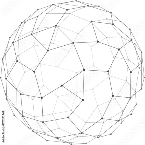 Abstract plexus sphere with connected dots and lines forming a grayscale network globe as an isolated vector design